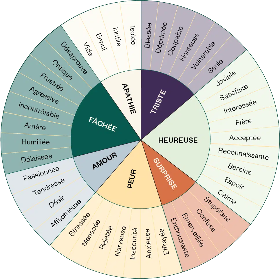 Saprea's emotion wheel, a list of basic emotions surrounded by more specific emotions that fall under a base emotion.