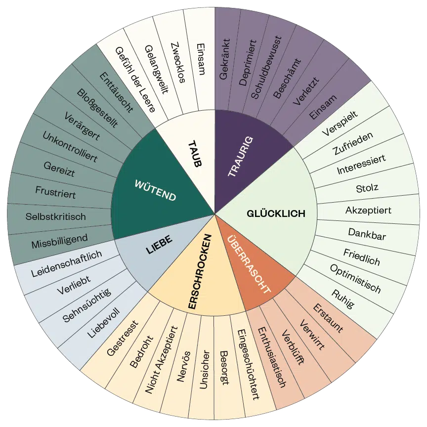 Saprea's emotion wheel, a list of basic emotions surrounded by more specific emotions that fall under a base emotion.